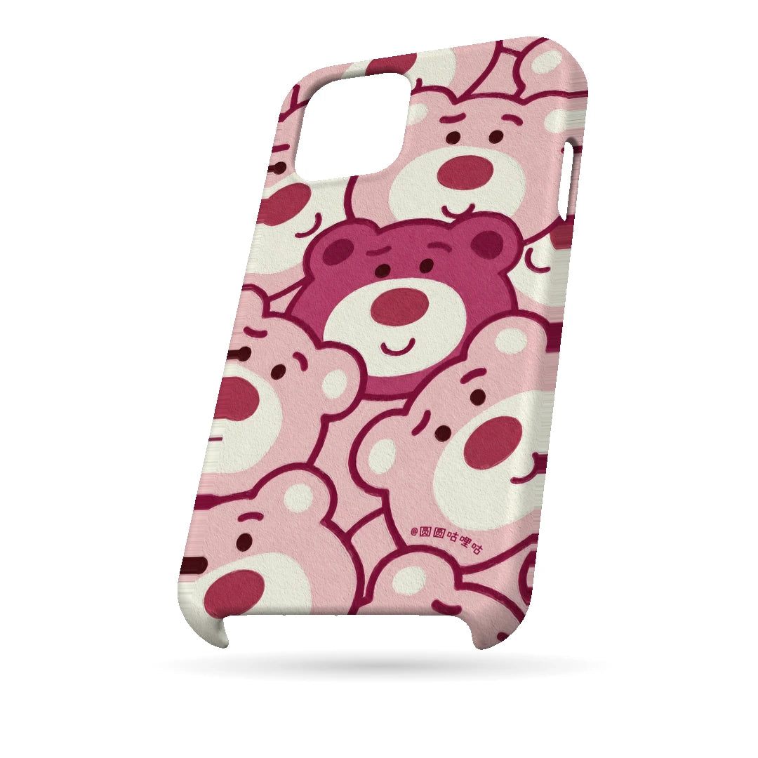 Pink Bear Pattern 3D Print iPhone 15 Plus Phone Case, bottom view; repeating cream and pink cartoon bear faces in a playful all-over pattern