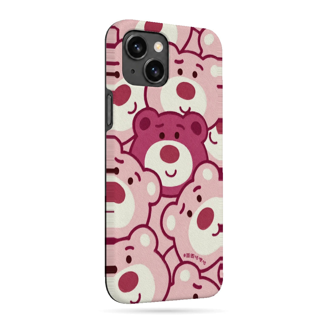 Pink Bear Pattern 3D Print iPhone 15 Plus Phone Case, right-side view; repeating cream and pink cartoon bear faces in a playful all-over pattern