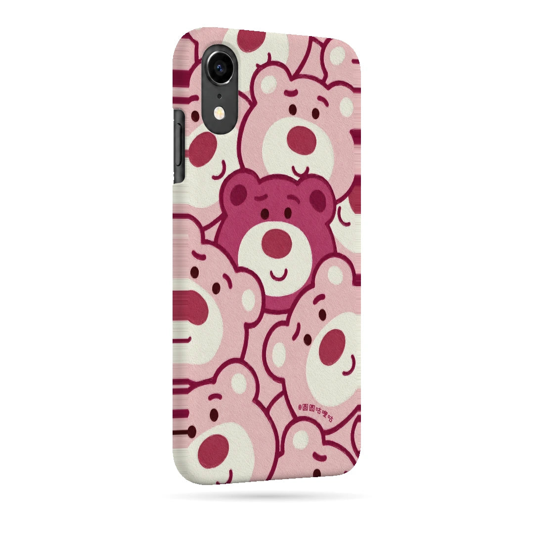 Pink Bear Pattern 3D Print iPhone XR Phone Case, right-side view; repeating cream and pink cartoon bear faces in a playful all-over pattern