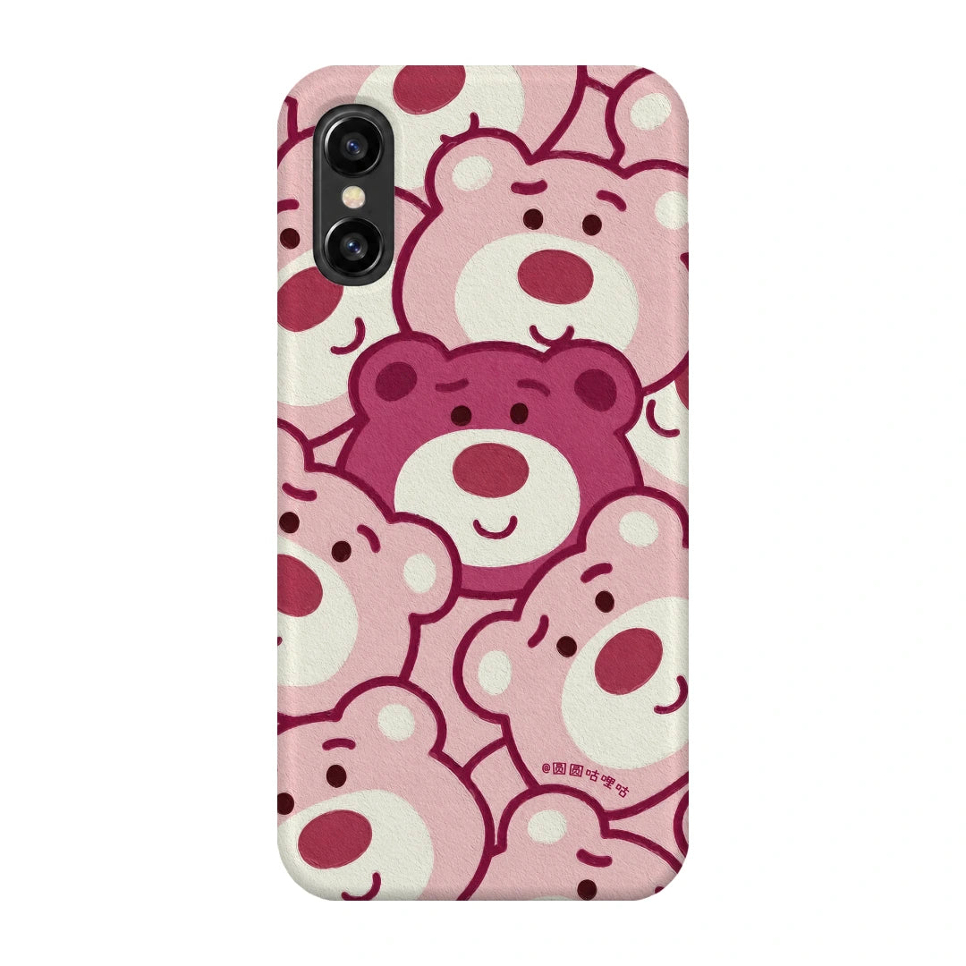 Pink Bear Pattern 3D Print iPhone XS Phone Case, back view; repeating cream and pink cartoon bear faces in a playful all-over pattern