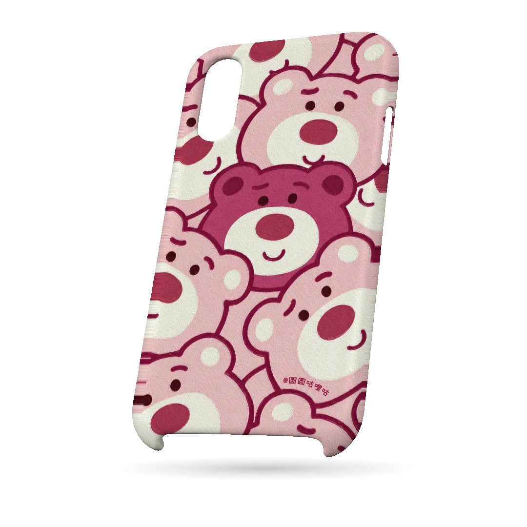 Pink Bear Pattern 3D Print iPhone XS Phone Case, bottom view; repeating cream and pink cartoon bear faces in a playful all-over pattern