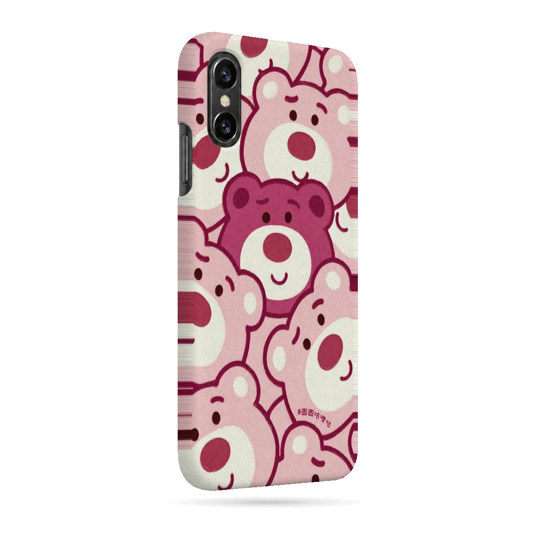 Pink Bear Pattern 3D Print iPhone XS Phone Case, right-side view; repeating cream and pink cartoon bear faces in a playful all-over pattern