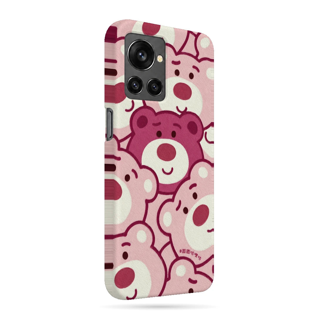 Pink Bear Pattern 3D Print OnePlus 10R Phone Case, right-side view; repeating cream and pink cartoon bear faces in a playful all-over pattern