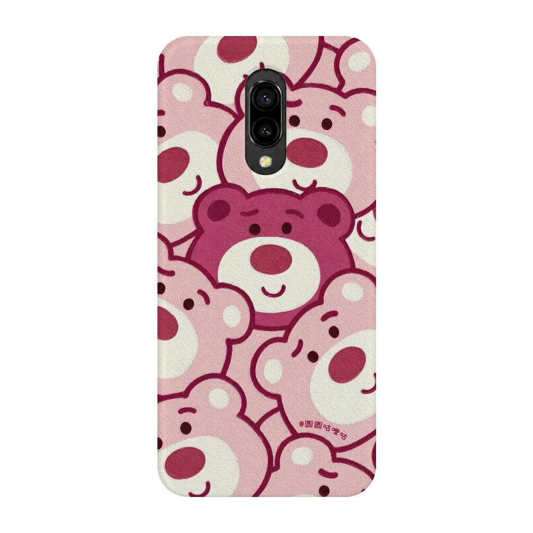 Pink Bear Pattern 3D Print OnePlus 6T Phone Case, back view; repeating cream and pink cartoon bear faces in a playful all-over pattern