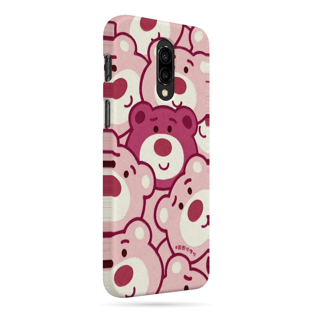Pink Bear Pattern 3D Print OnePlus 6T Phone Case, right-side view; repeating cream and pink cartoon bear faces in a playful all-over pattern