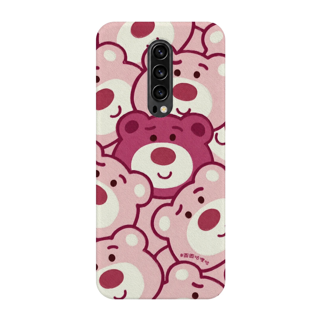 Pink Bear Pattern 3D Print OnePlus 7T Pro Phone Case, back view; repeating cream and pink cartoon bear faces in a playful all-over pattern