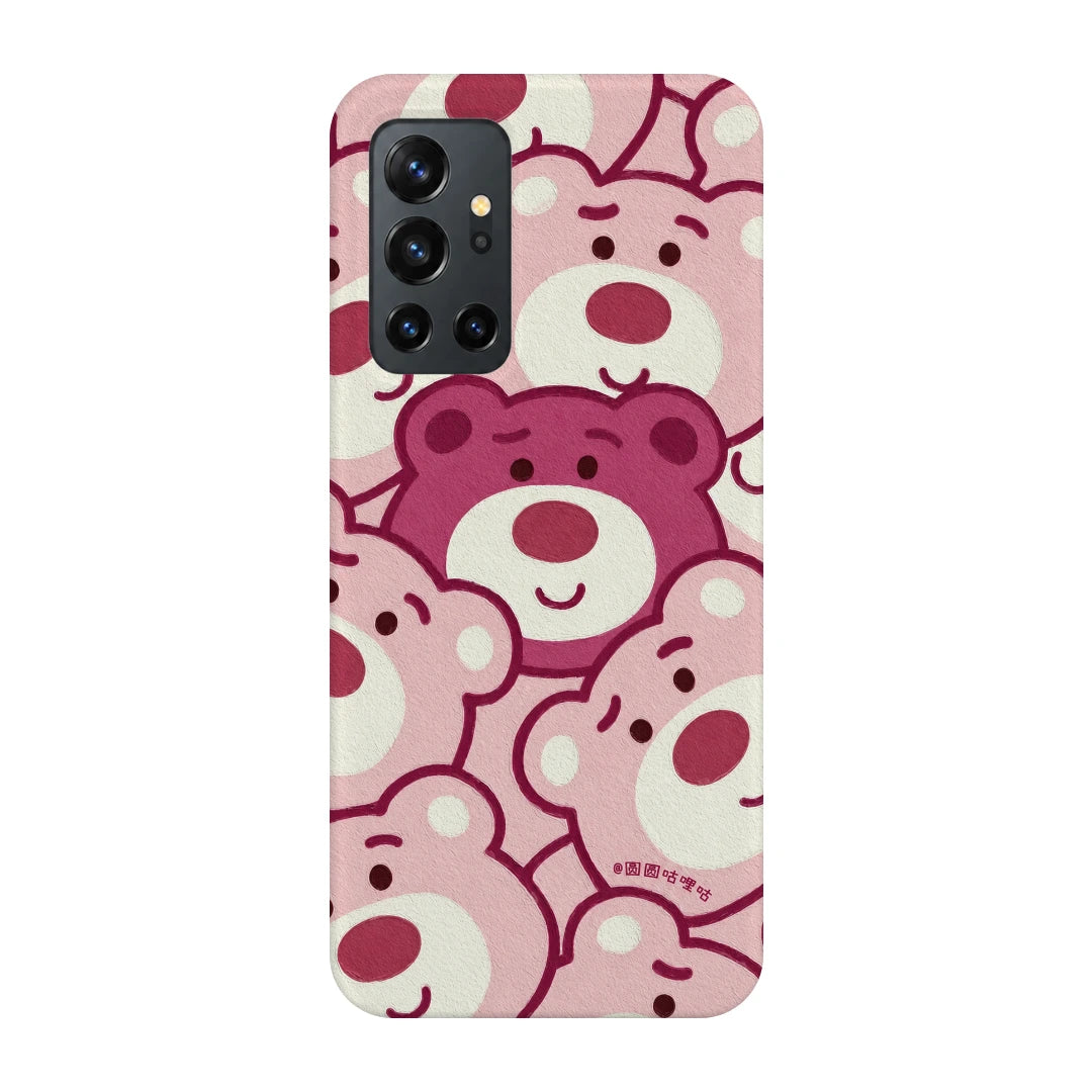Pink Bear Pattern 3D Print OnePlus 8T Phone Case, back view; repeating cream and pink cartoon bear faces in a playful all-over pattern
