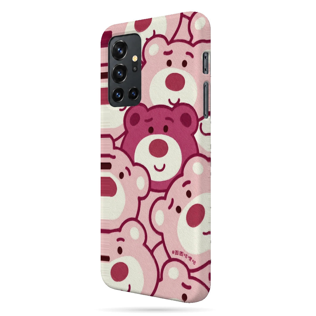 Pink Bear Pattern 3D Print OnePlus 8T Phone Case, right-side view; repeating cream and pink cartoon bear faces in a playful all-over pattern