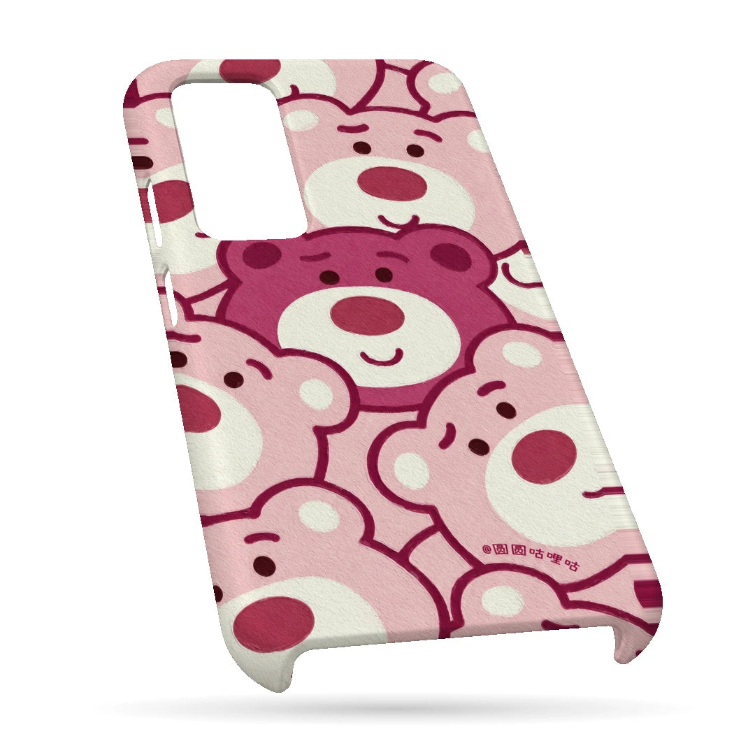 Pink Bear Pattern 3D Print OnePlus 9 Phone Case, bottom view; repeating cream and pink cartoon bear faces in a playful all-over pattern