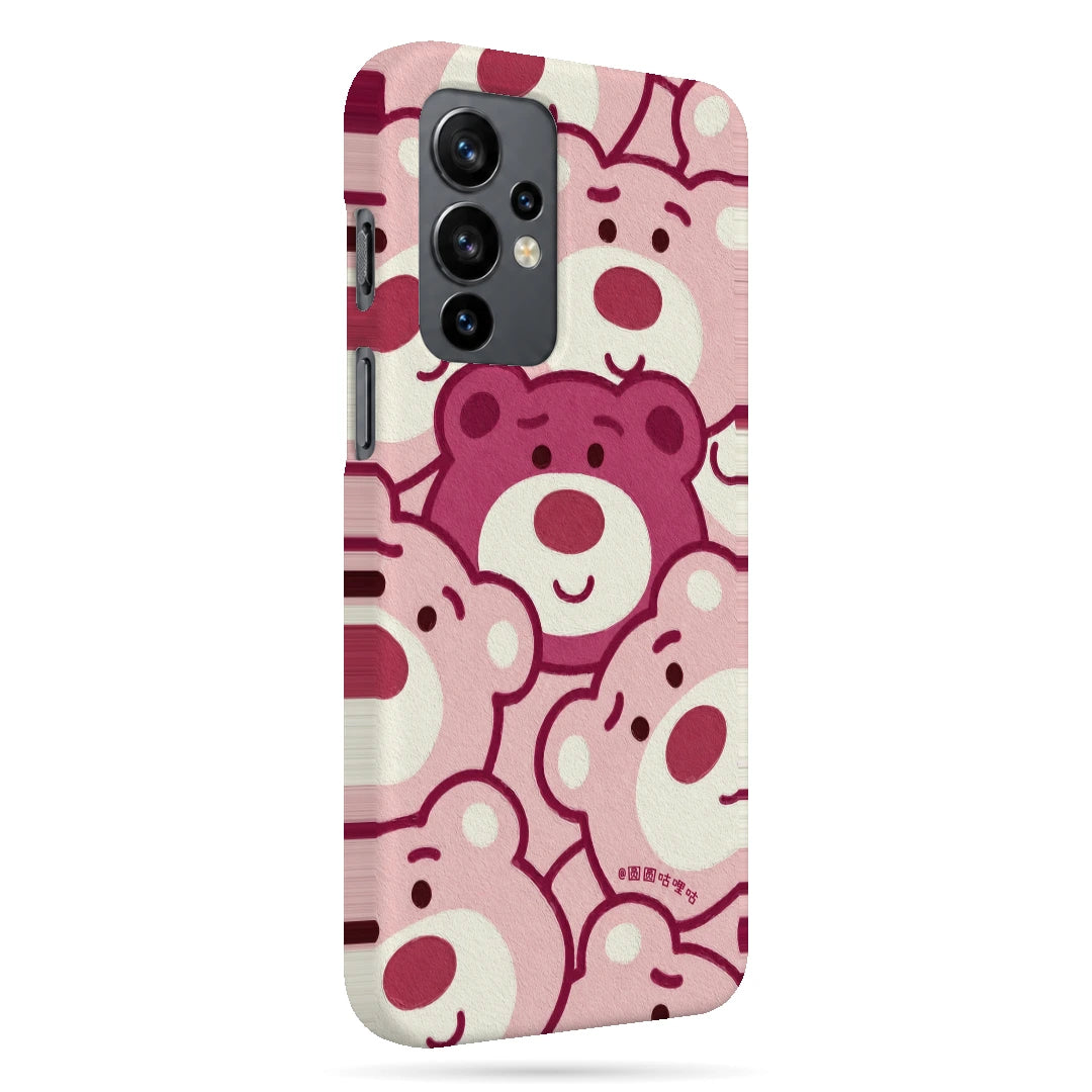 Pink Bear Pattern 3D Print OnePlus 9 Phone Case, right-side view; repeating cream and pink cartoon bear faces in a playful all-over pattern