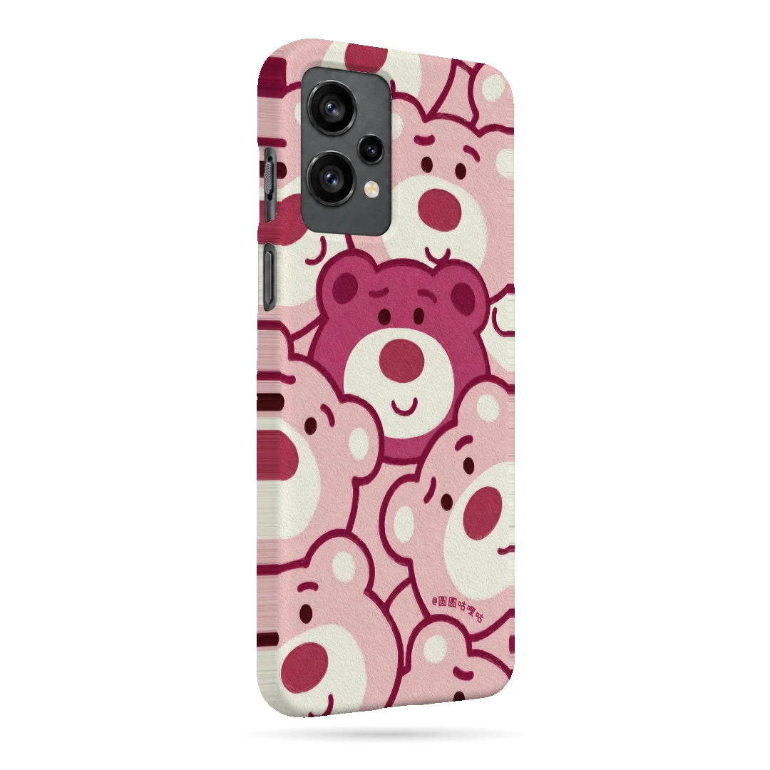 Pink Bear Pattern 3D Print OnePlus 9RT Phone Case, right-side view; repeating cream and pink cartoon bear faces in a playful all-over pattern
