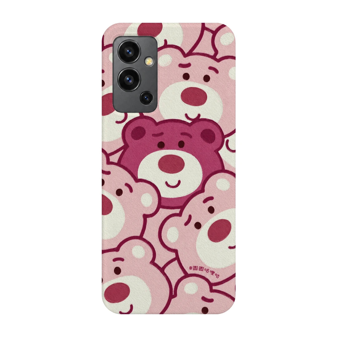 Pink Bear Pattern 3D Print OnePlus Nord 2 Phone Case, back view; repeating cream and pink cartoon bear faces in a playful all-over pattern