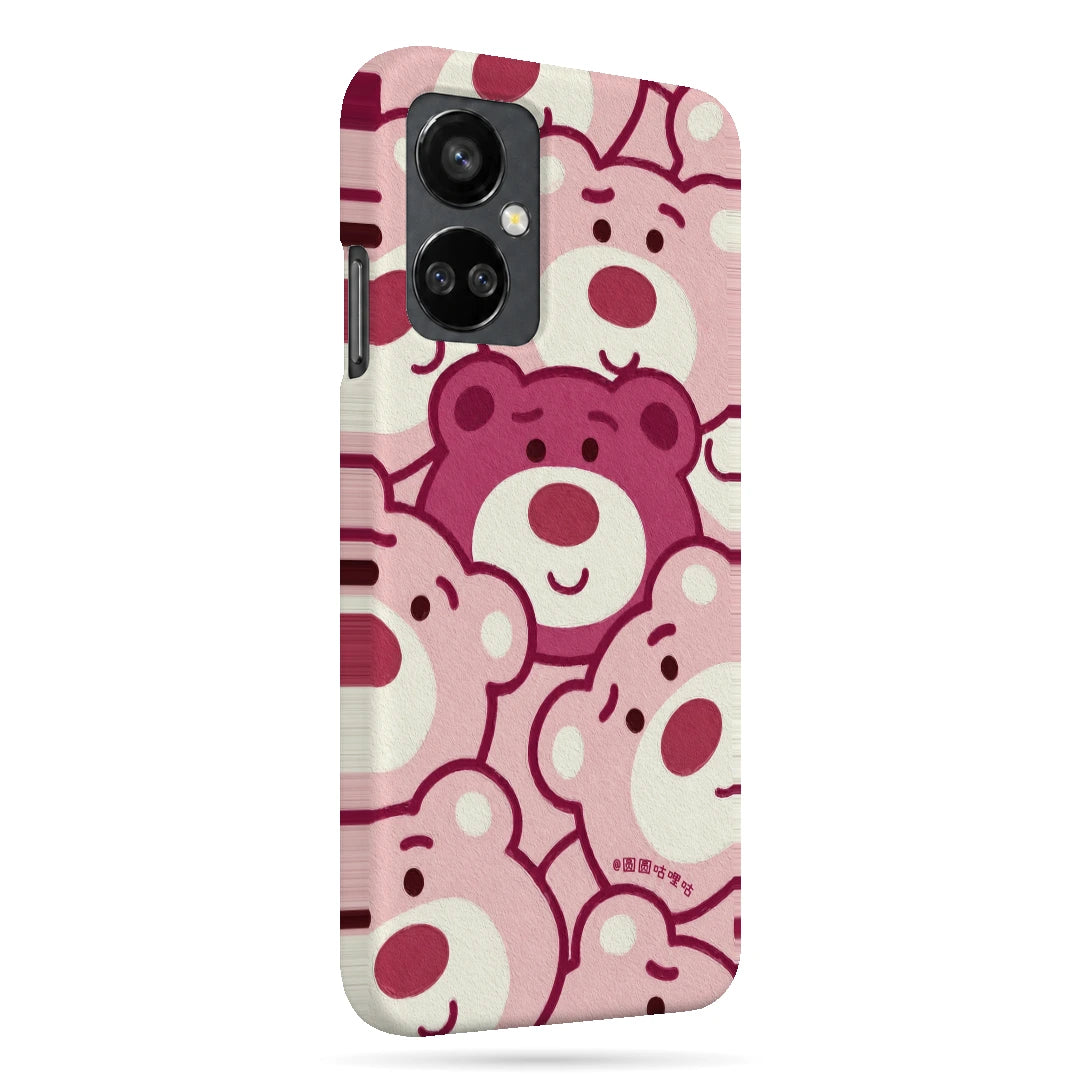 Pink Bear Pattern 3D Print OnePlus Nord CE 3 Lite Phone Case, right-side view; repeating cream and pink cartoon bear faces in a playful all-over pattern