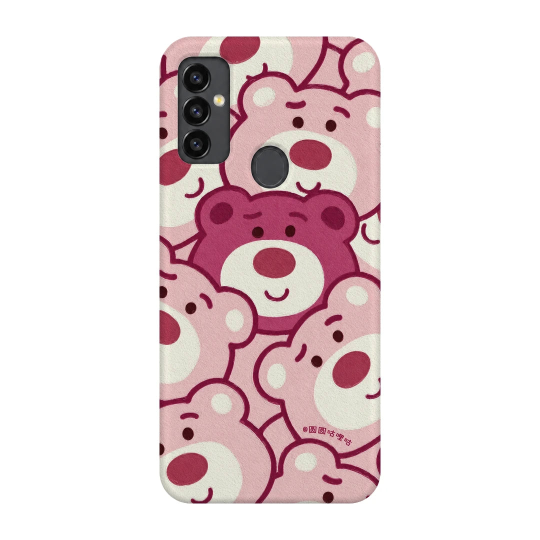 Pink Bear Pattern 3D Print Samsung M11 Phone Case, back view; repeating cream and pink cartoon bear faces in a playful all-over pattern