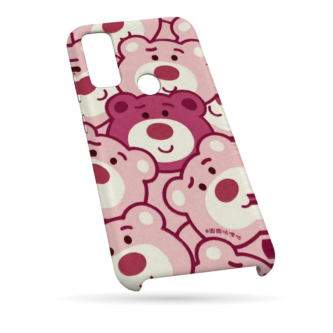 Pink Bear Pattern 3D Print Samsung M11 Phone Case, bottom view; repeating cream and pink cartoon bear faces in a playful all-over pattern
