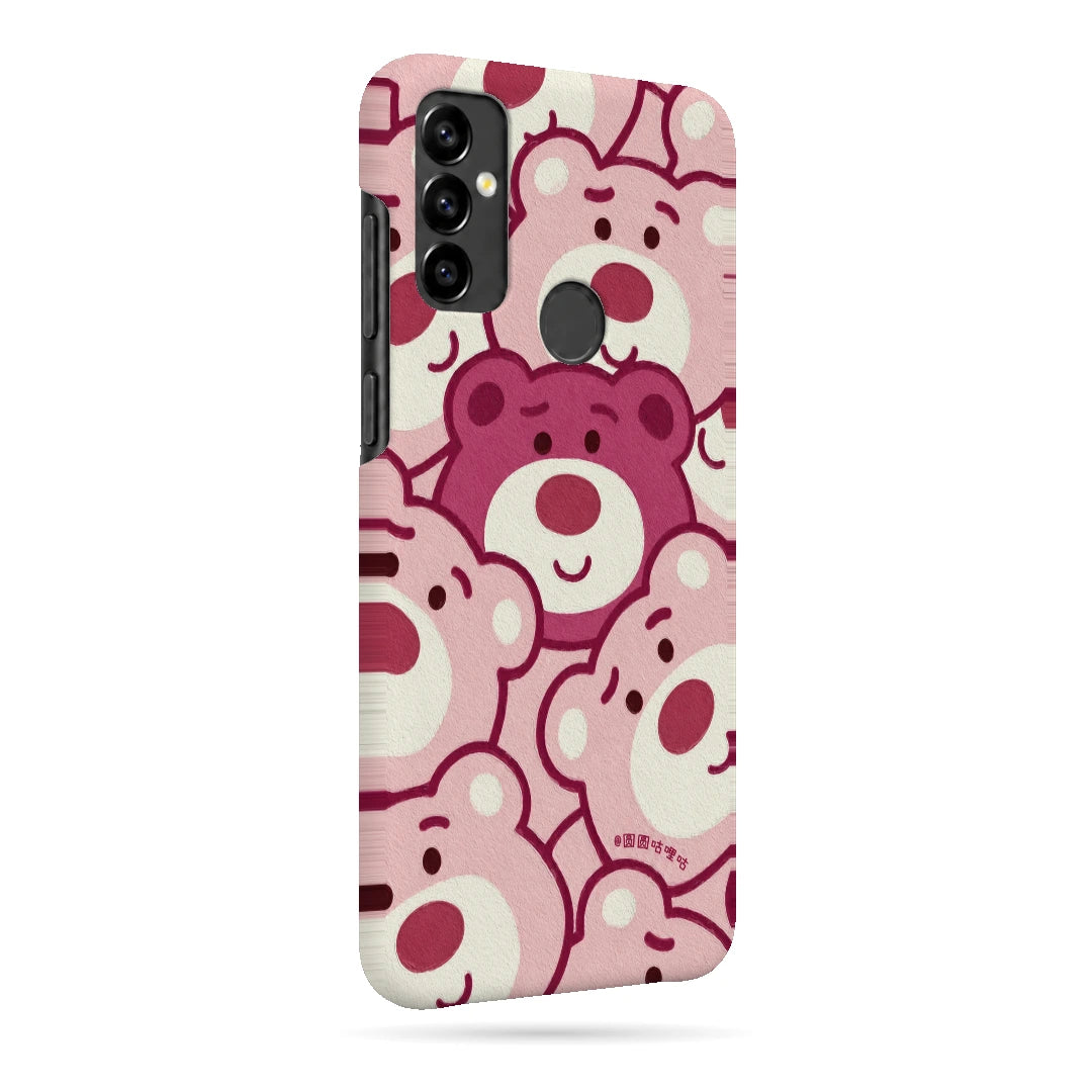 Pink Bear Pattern 3D Print Samsung M11 Phone Case, right-side view; repeating cream and pink cartoon bear faces in a playful all-over pattern