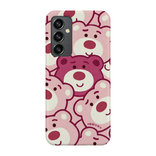 Pink Bear Pattern 3D Print Samsung S23 FE Phone Case, back view; repeating cream and pink cartoon bear faces in a playful all-over pattern