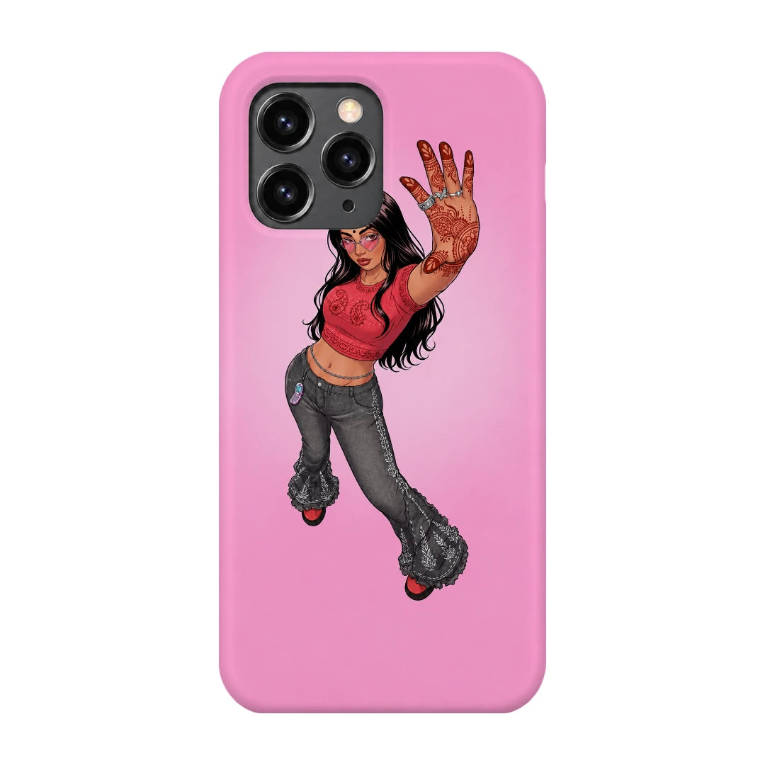 Pink Mehendi Girl 3D Print iPhone 11 Pro Phone Case, back view; a dancing illustrated girl raising a henna-decorated hand on a pink background