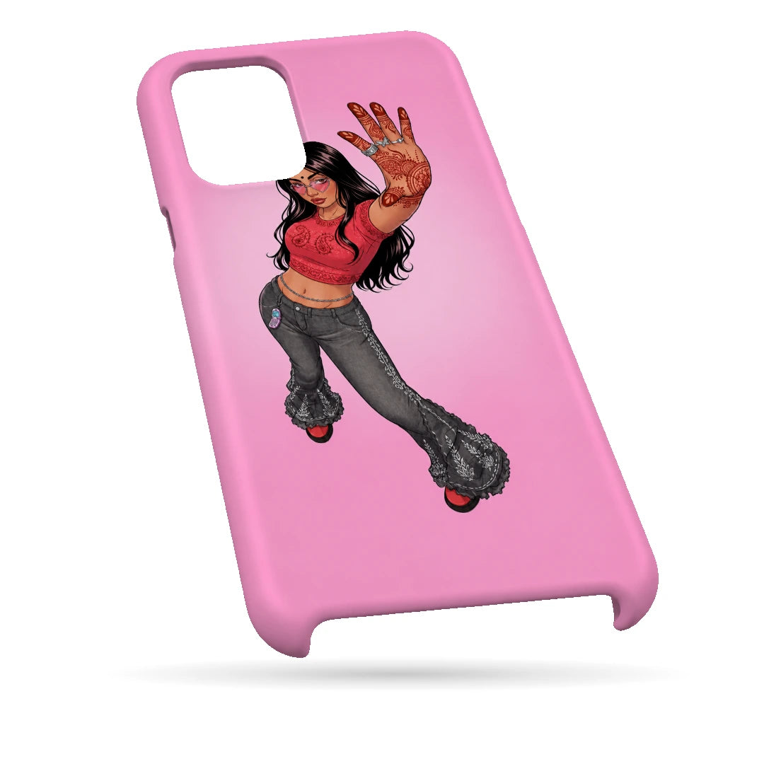 Pink Mehendi Girl 3D Print iPhone 11 Pro Phone Case, bottom view; a dancing illustrated girl raising a henna-decorated hand on a pink background