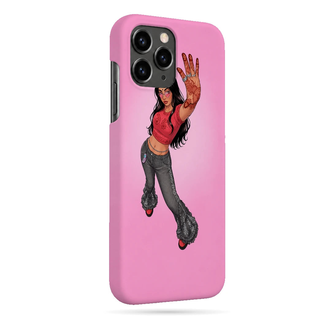 Pink Mehendi Girl 3D Print iPhone 11 Pro Phone Case, right-side view; a dancing illustrated girl raising a henna-decorated hand on a pink background