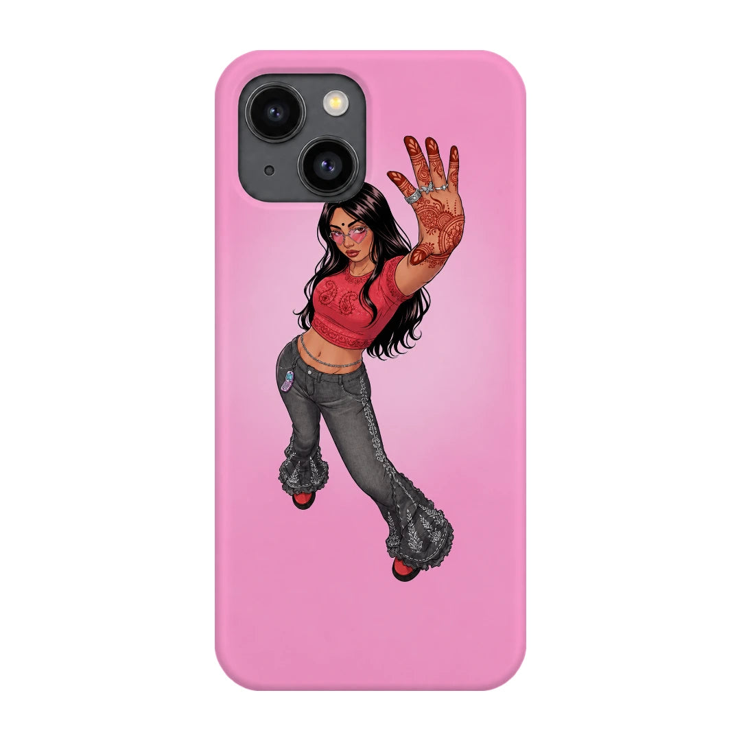 Pink Mehendi Girl 3D Print iPhone 14 Phone Case, back view; a dancing illustrated girl raising a henna-decorated hand on a pink background
