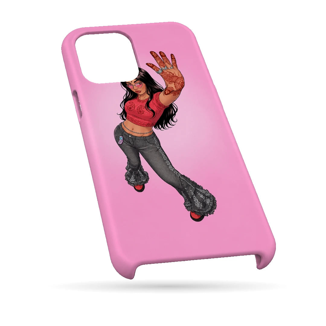 Pink Mehendi Girl 3D Print iPhone 14 Phone Case, bottom view; a dancing illustrated girl raising a henna-decorated hand on a pink background