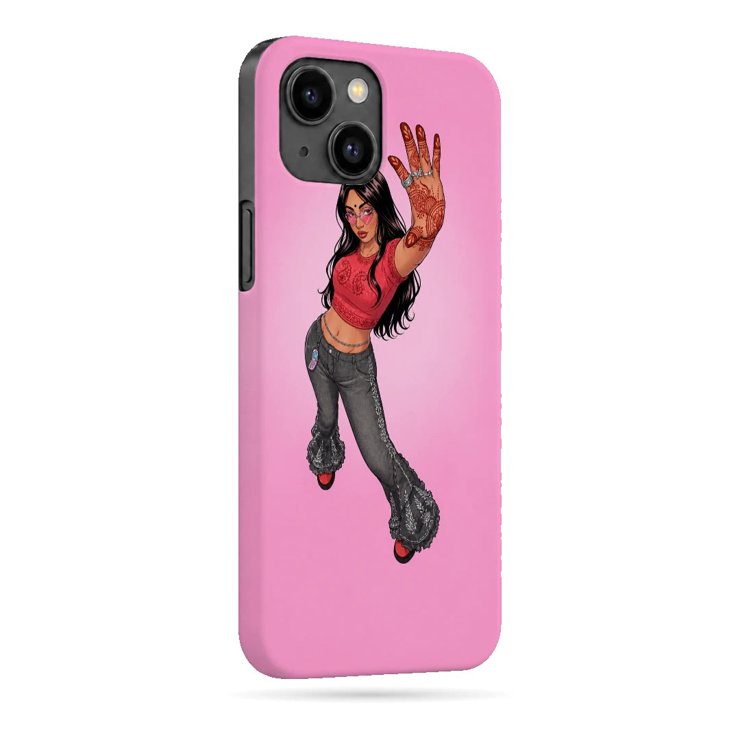 Pink Mehendi Girl 3D Print iPhone 14 Phone Case, right-side view; a dancing illustrated girl raising a henna-decorated hand on a pink background