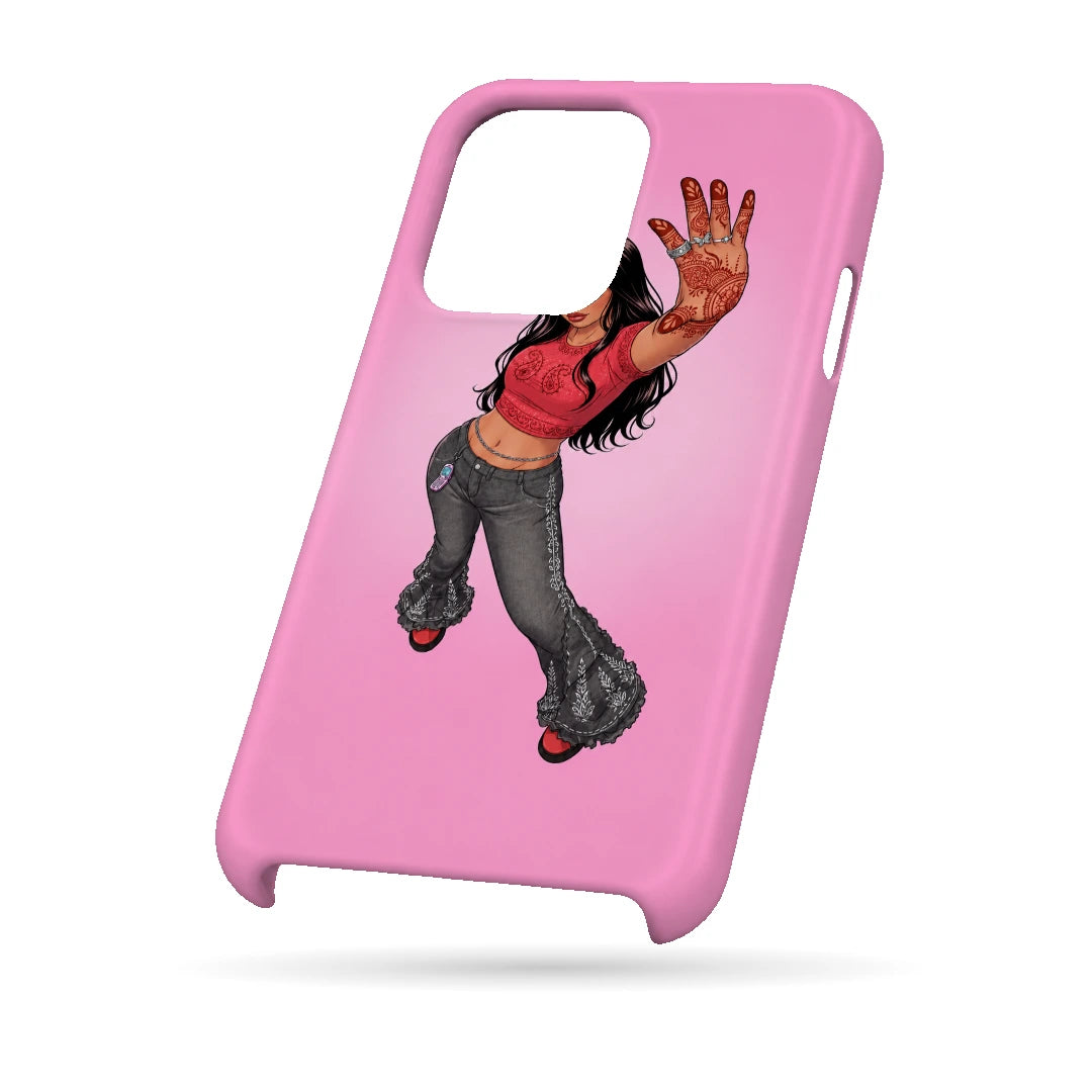 Pink Mehendi Girl 3D Print iPhone 15 Pro Phone Case, bottom view; a dancing illustrated girl raising a henna-decorated hand on a pink background