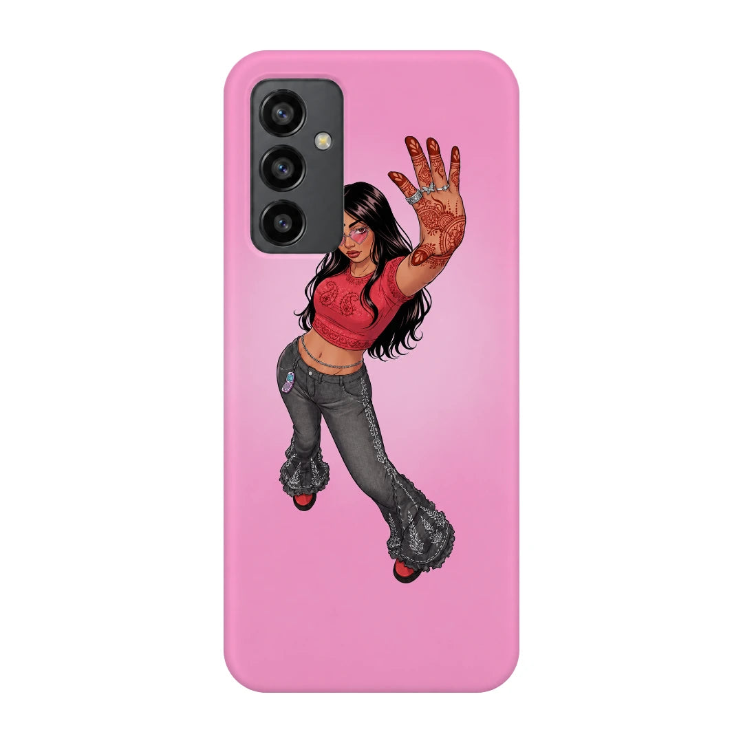 Pink Mehendi Girl 3D Print OnePlus Nord CE Phone Case, back view; a dancing illustrated girl raising a henna-decorated hand on a pink background