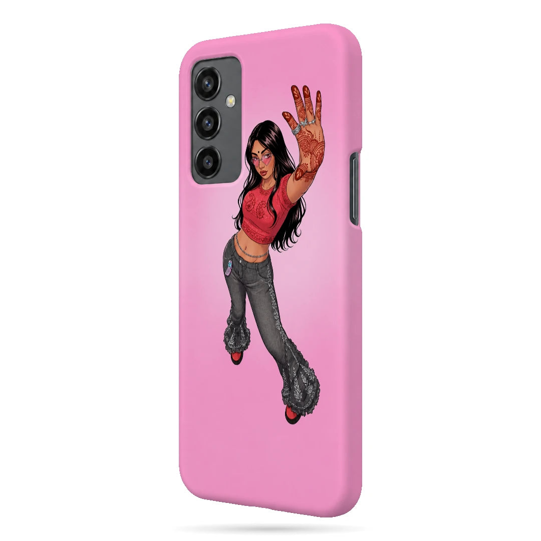 Pink Mehendi Girl 3D Print OnePlus Nord CE Phone Case, right-side view; a dancing illustrated girl raising a henna-decorated hand on a pink background