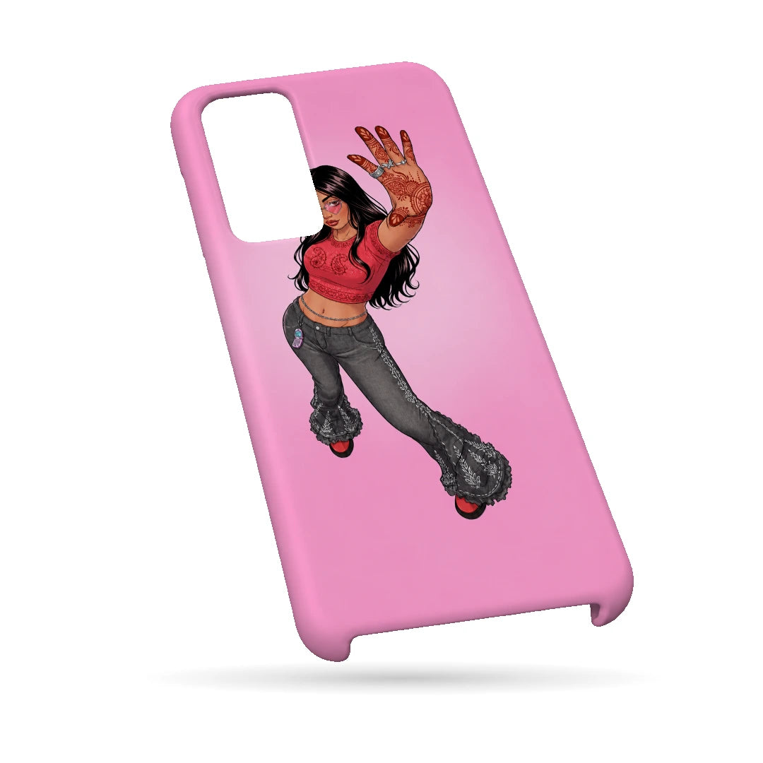 Pink Mehendi Girl 3D Print Samsung A13 5G Phone Case, bottom view; a dancing illustrated girl raising a henna-decorated hand on a pink background