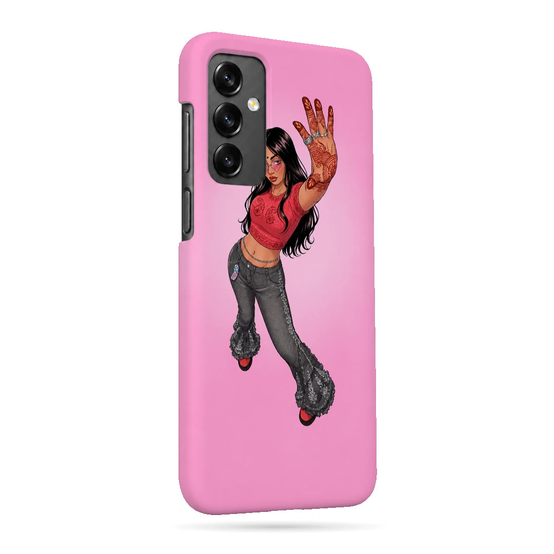 Pink Mehendi Girl 3D Print Samsung A13 5G Phone Case, right-side view; a dancing illustrated girl raising a henna-decorated hand on a pink background