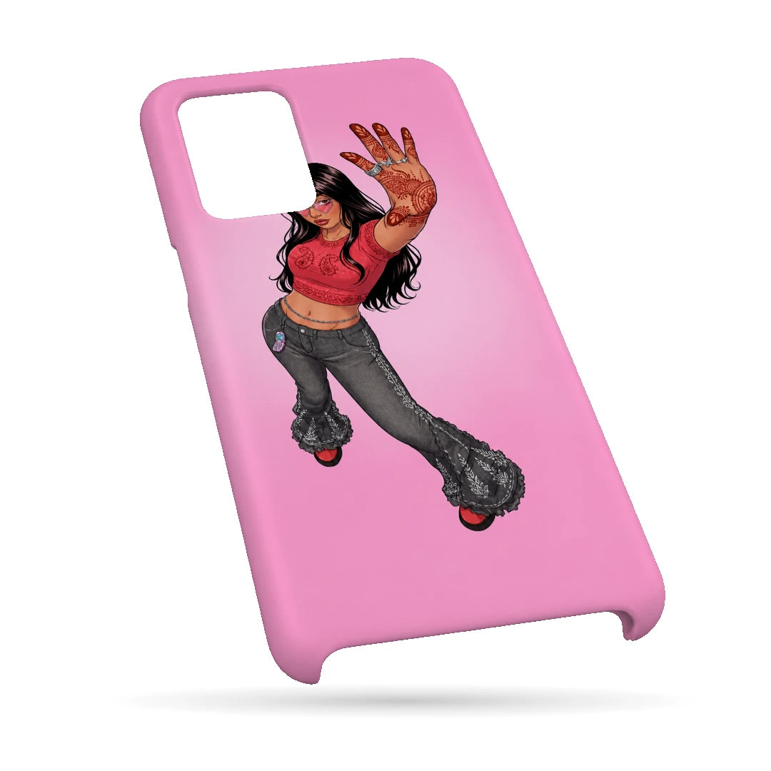 Pink Mehendi Girl 3D Print Samsung F62 Phone Case, bottom view; a dancing illustrated girl raising a henna-decorated hand on a pink background