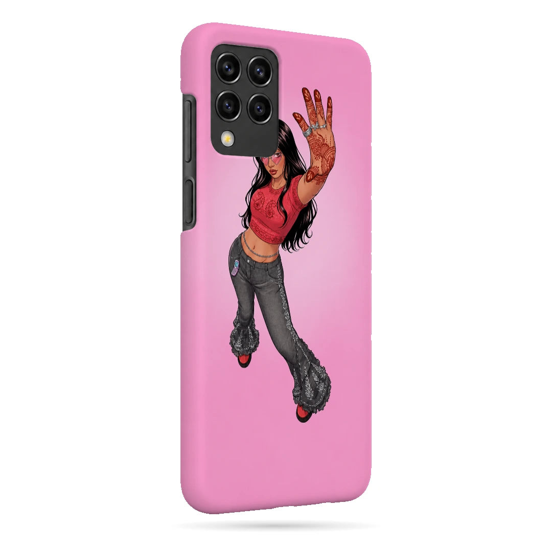 Pink Mehendi Girl 3D Print Samsung F62 Phone Case, right-side view; a dancing illustrated girl raising a henna-decorated hand on a pink background