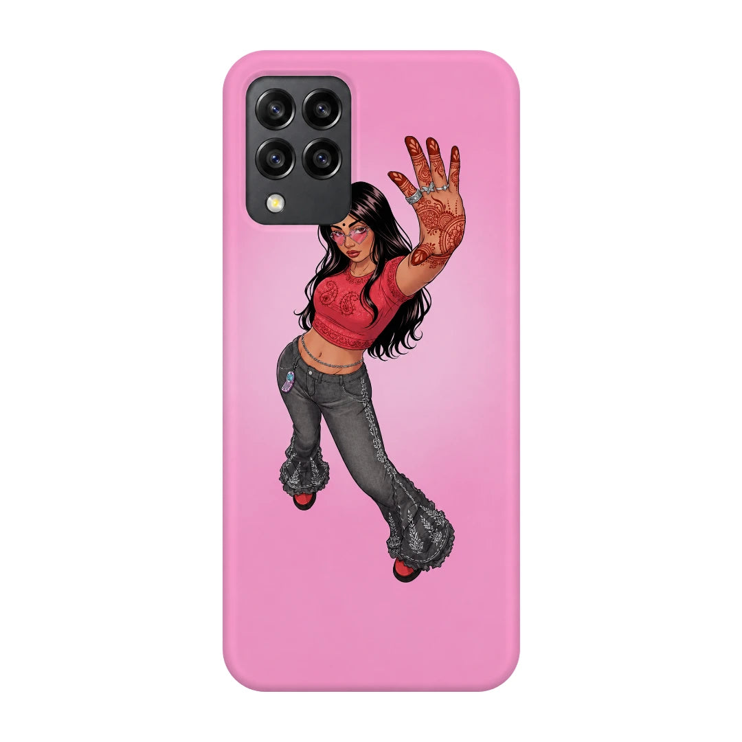 Pink Mehendi Girl 3D Print Samsung M32 4G Phone Case, back view; a dancing illustrated girl raising a henna-decorated hand on a pink background