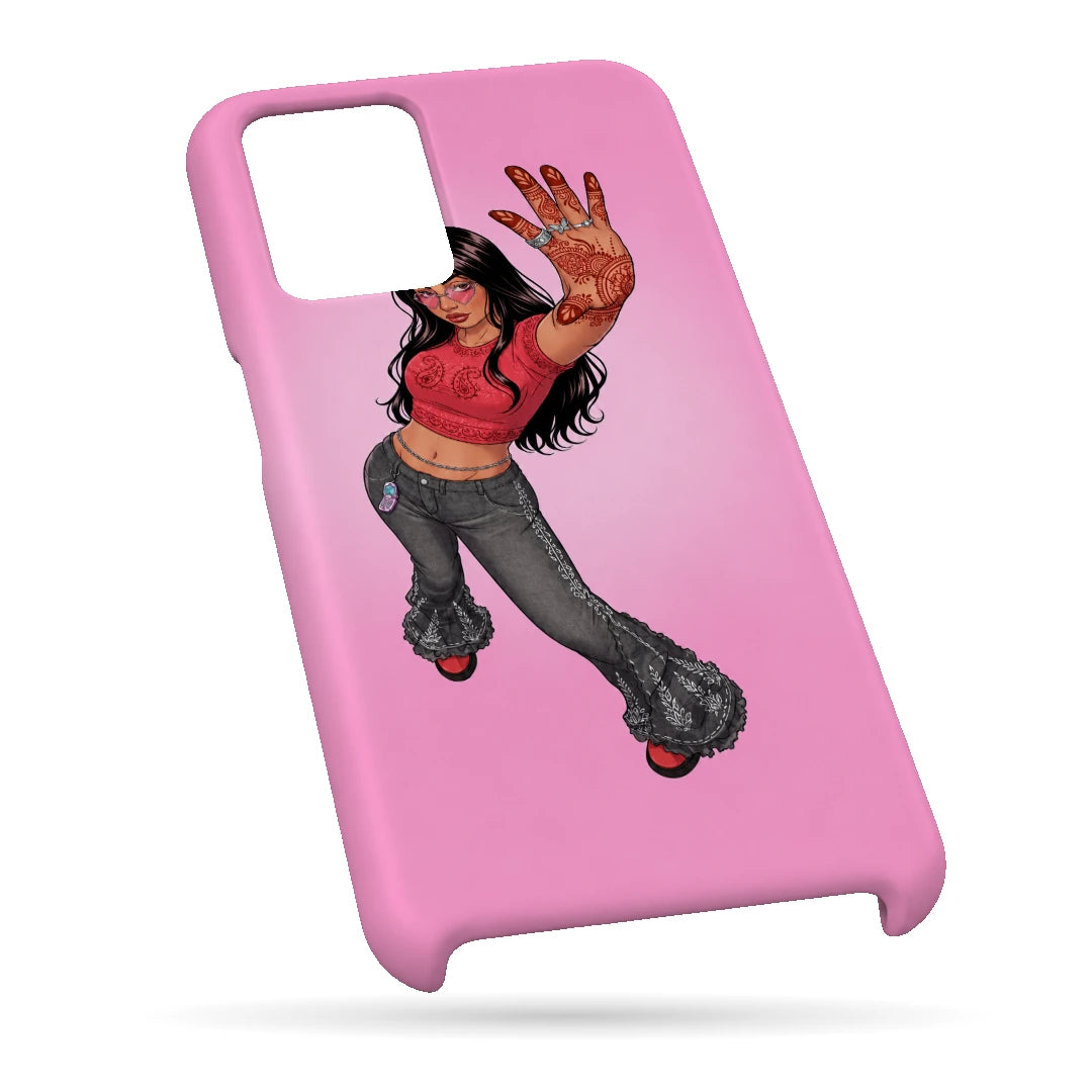 Pink Mehendi Girl 3D Print Samsung M32 4G Phone Case, bottom view; a dancing illustrated girl raising a henna-decorated hand on a pink background