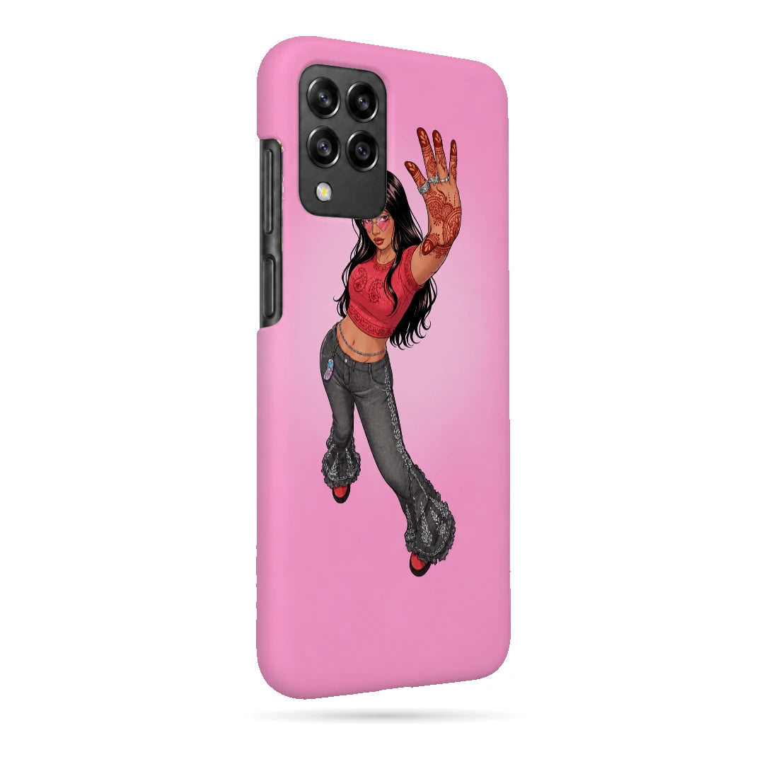 Pink Mehendi Girl 3D Print Samsung M32 4G Phone Case, right-side view; a dancing illustrated girl raising a henna-decorated hand on a pink background