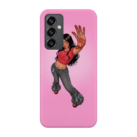 Pink Mehendi Girl 3D Print Samsung S23 FE Phone Case, back view; a dancing illustrated girl raising a henna-decorated hand on a pink background