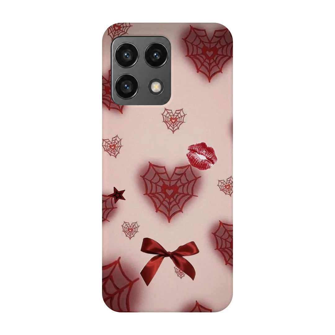 Pink Webs and Bows 3D Print OnePlus 10 Pro Phone Case, back view; red spiderweb hearts, lips and ribbon bows on a pale pink background