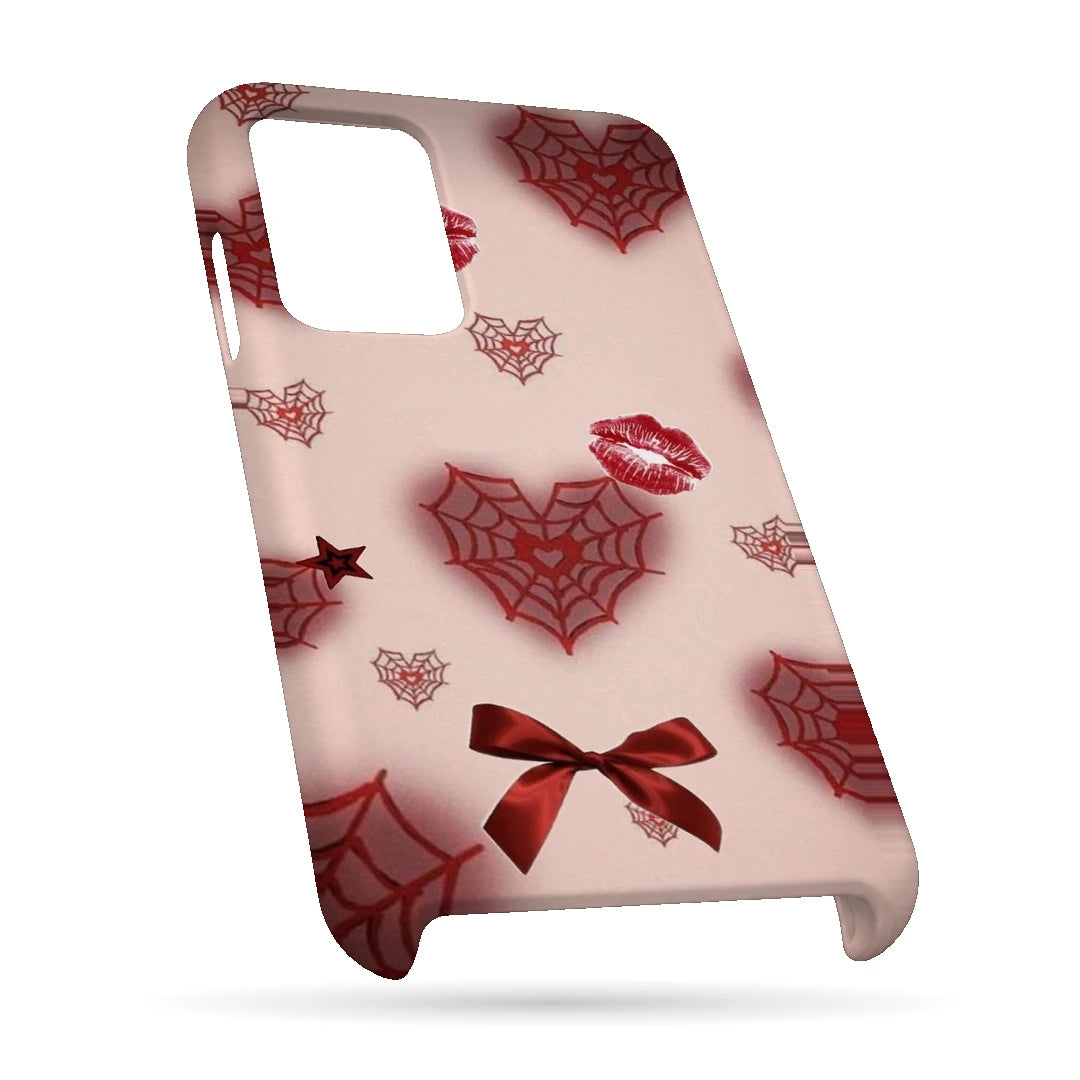 Pink Webs and Bows 3D Print OnePlus 10 Pro Phone Case, bottom view; red spiderweb hearts, lips and ribbon bows on a pale pink background