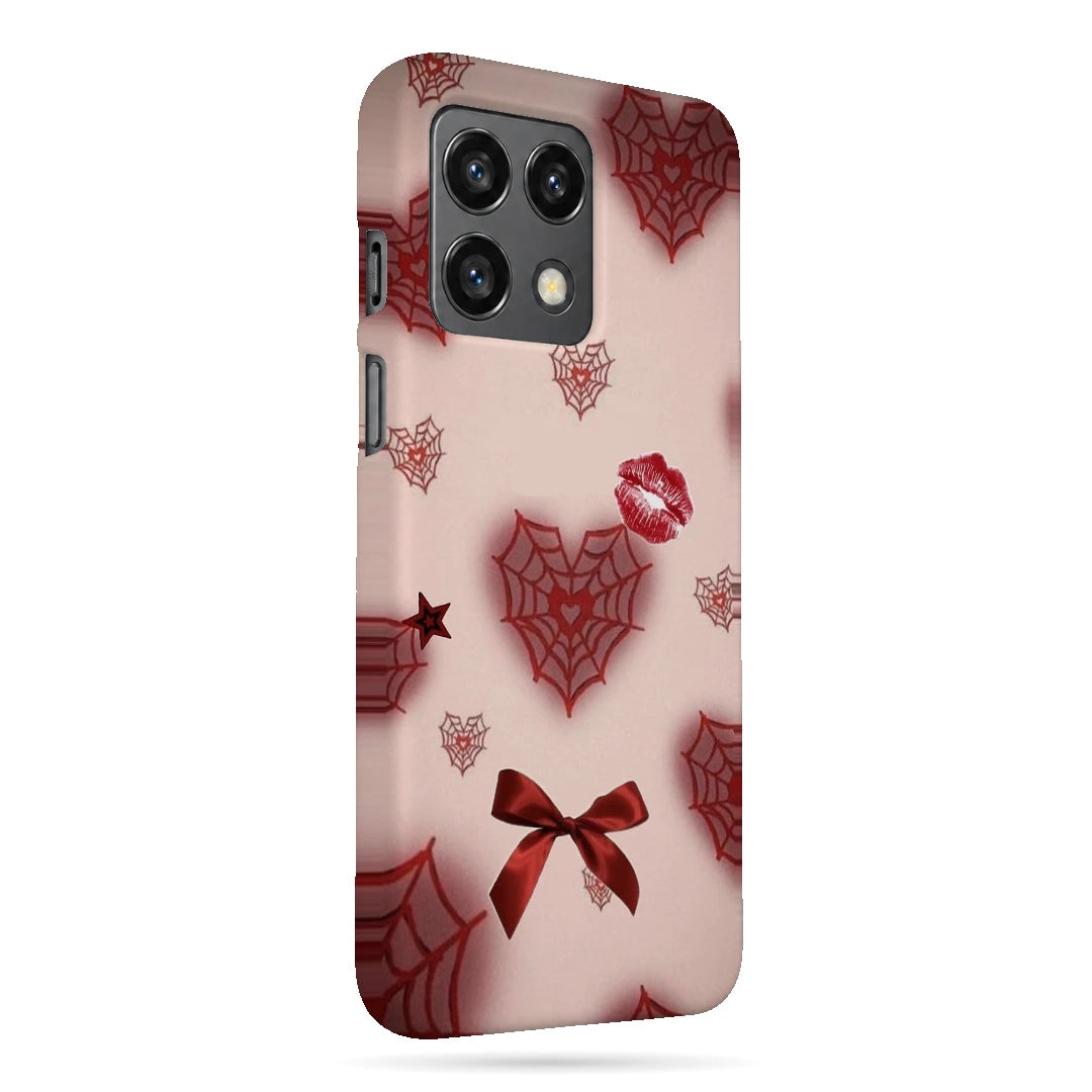Pink Webs and Bows 3D Print OnePlus 10 Pro Phone Case, right-side view; red spiderweb hearts, lips and ribbon bows on a pale pink background
