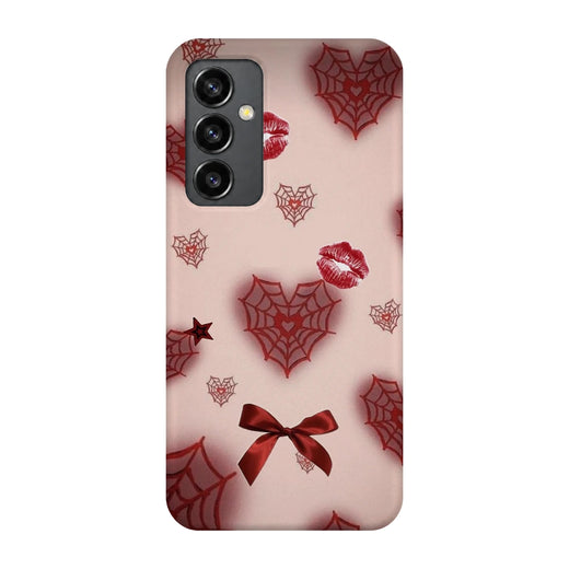 Pink Webs and Bows 3D Print Samsung S23 FE Phone Case, back view; red spiderweb hearts, lips and ribbon bows on a pale pink background
