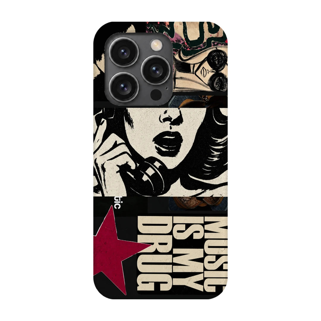 Pop Art Music Collage 3D Print iPhone 14 Pro Phone Case, back view; graphic female portraits and bold music-inspired lettering in cream, black and pink