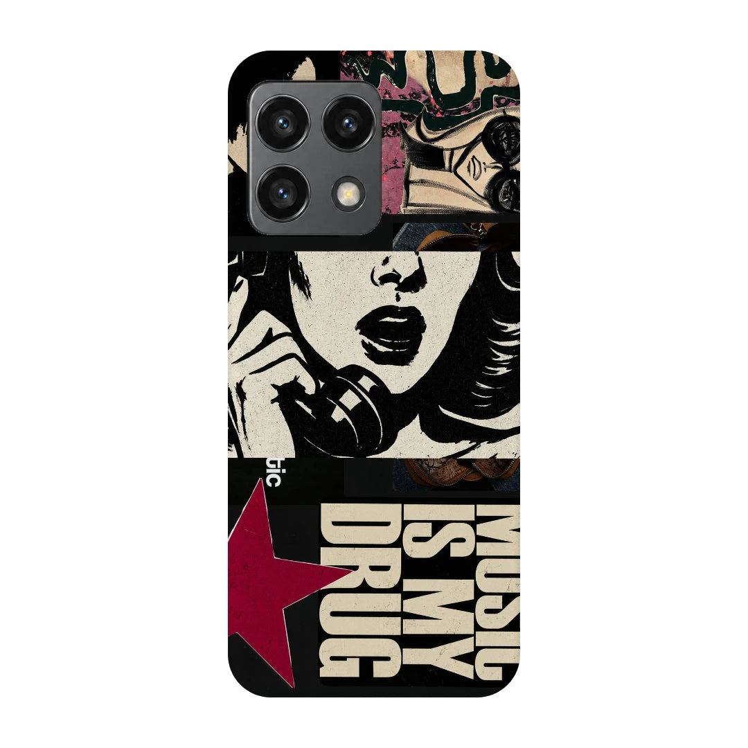 Pop Art Music Collage 3D Print OnePlus 10 Pro Phone Case, back view; graphic female portraits and bold music-inspired lettering in cream, black and pink