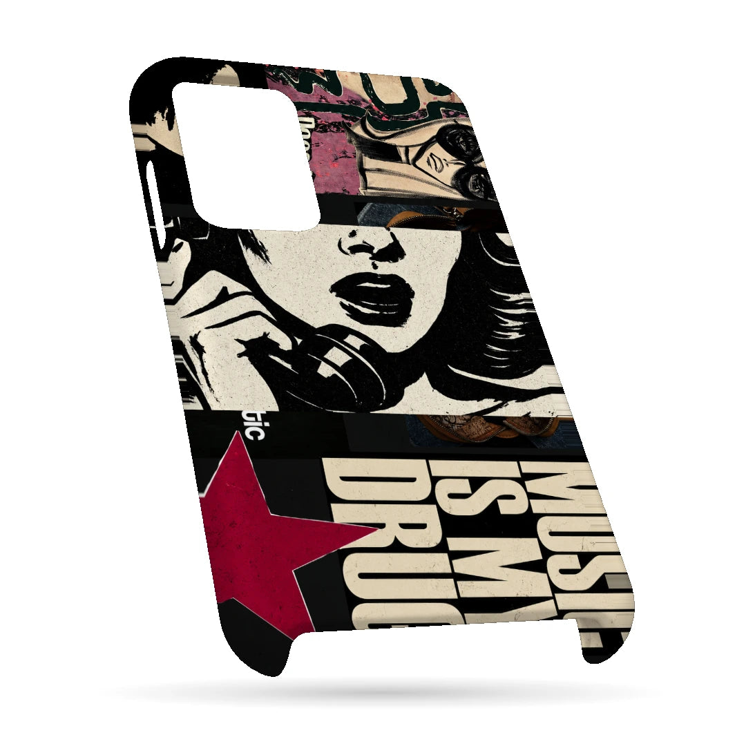 Pop Art Music Collage 3D Print OnePlus 10 Pro Phone Case, bottom view; graphic female portraits and bold music-inspired lettering in cream, black and pink