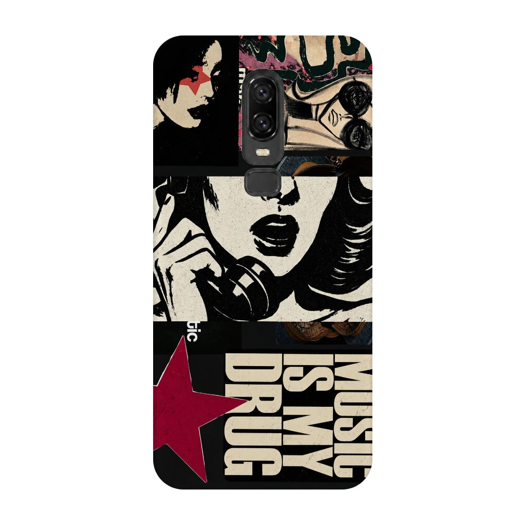 Pop Art Music Collage 3D Print OnePlus 6 Phone Case, back view; graphic female portraits and bold music-inspired lettering in cream, black and pink