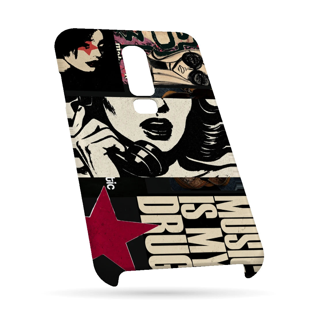 Pop Art Music Collage 3D Print OnePlus 6 Phone Case, bottom view; graphic female portraits and bold music-inspired lettering in cream, black and pink
