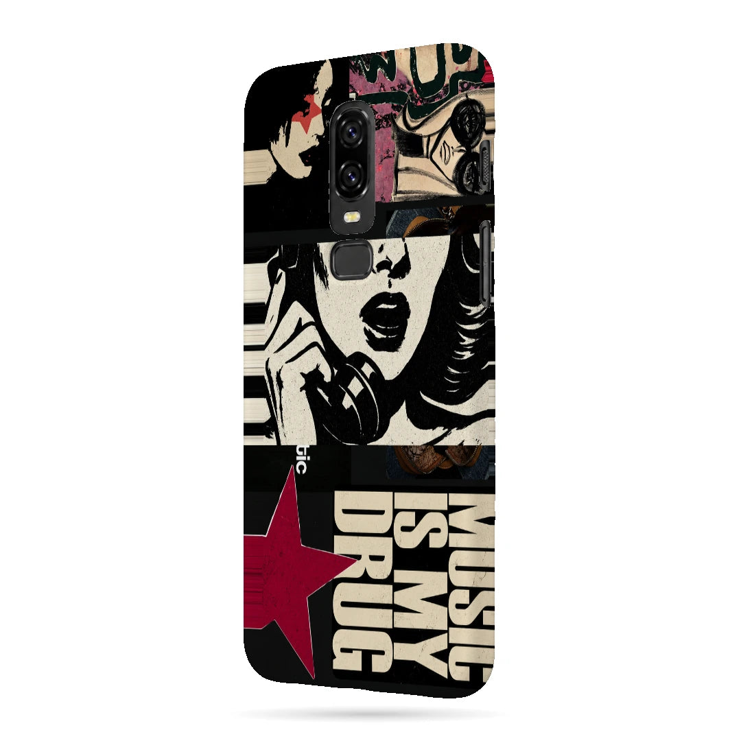 Pop Art Music Collage 3D Print OnePlus 6 Phone Case, right-side view; graphic female portraits and bold music-inspired lettering in cream, black and pink