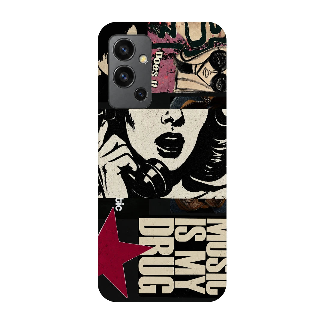 Pop Art Music Collage 3D Print OnePlus Nord 2 Phone Case, back view; graphic female portraits and bold music-inspired lettering in cream, black and pink