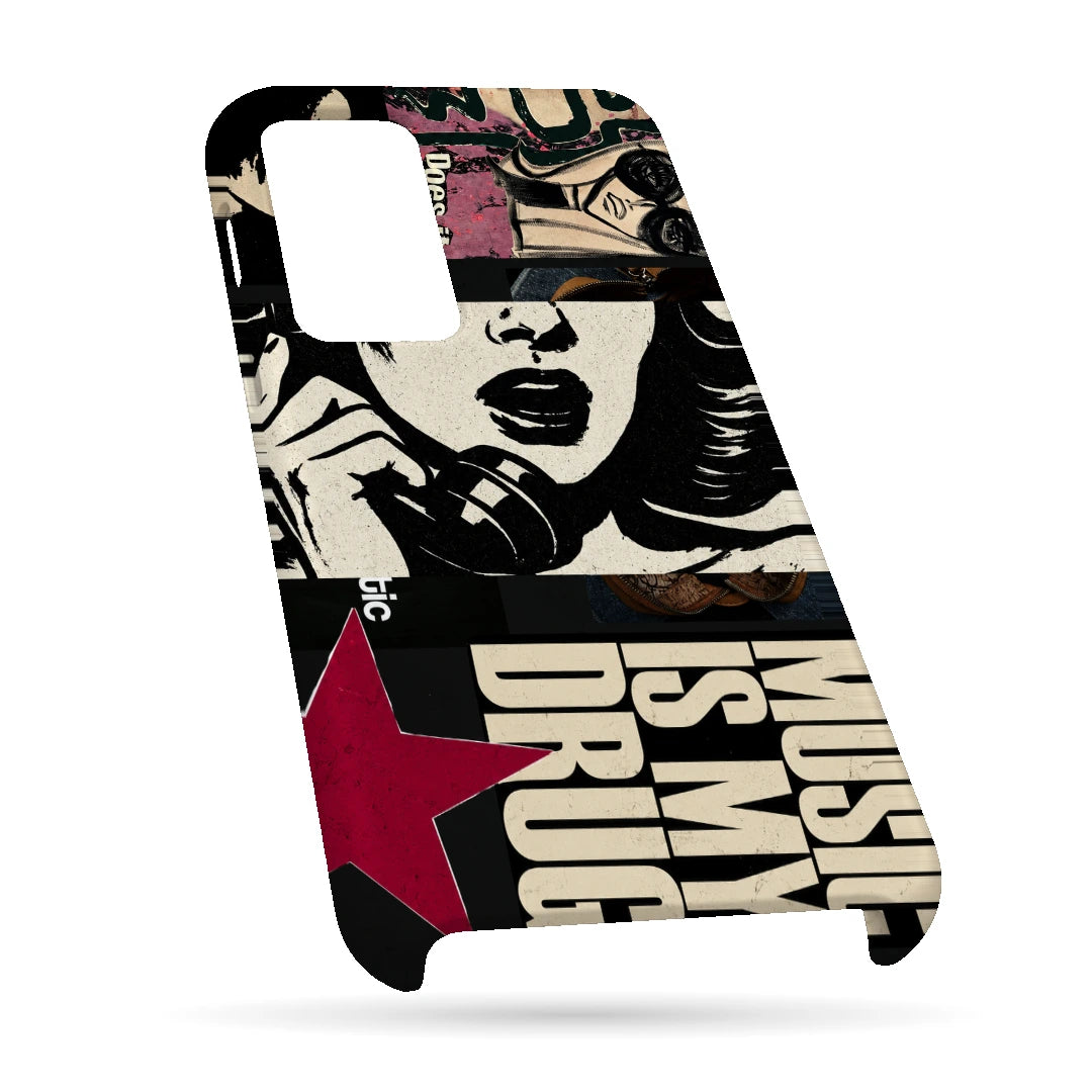 Pop Art Music Collage 3D Print OnePlus Nord 2 Phone Case, bottom view; graphic female portraits and bold music-inspired lettering in cream, black and pink